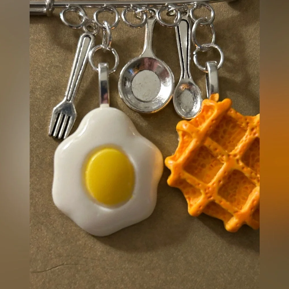 NWOT Safety Pin Brooch: “Room Service” Charms waffle, Egg 🍳, utensils